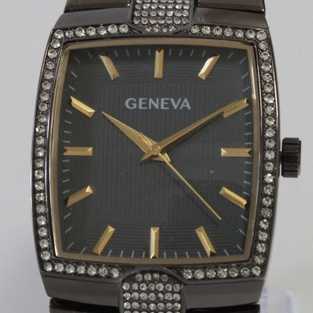 Geneva Men's Tank Style Quarts Watch Gun Metal Grey With Stone Accents 37mm